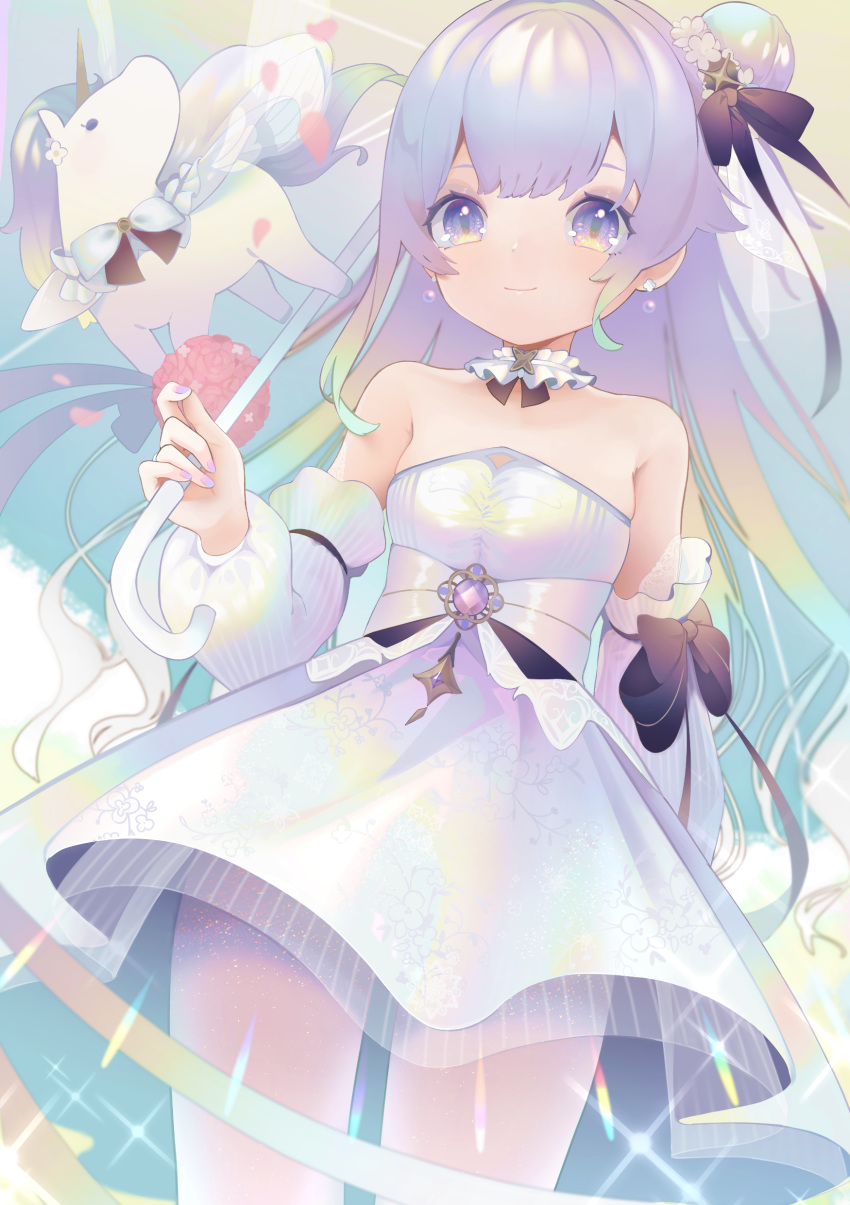 1girl absurdres alicorn azur_lane bare_shoulders blurry bow bridal_veil choker commentary_request depth_of_field detached_sleeves dress earrings gradient_hair hair_bow hair_bun hair_ribbon highres hina_(bird_salty) jewelry long_hair looking_at_viewer multicolored_hair off-shoulder_dress off_shoulder one_side_up pantyhose petals purple_hair ribbon side_bun smile solo sparkle unicorn_(a_dream_of_pure_vows)_(azur_lane) unicorn_(azur_lane) veil violet_eyes wedding_dress white_dress white_legwear