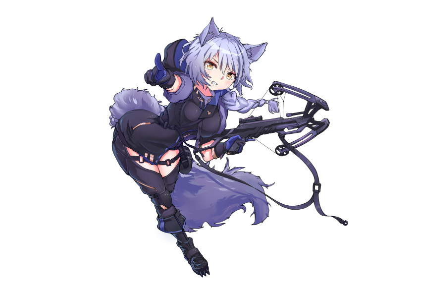 1girl absurdres animal_ears arknights bangs black_footwear boots bow_(weapon) braid breasts commentary crossbow drop_shadow gloves hair_between_eyes highres holding holding_bow_(weapon) holding_weapon large_breasts long_hair medium_breasts miyu_(miyumausi) pointing provence_(arknights) purple_hair simple_background single_braid solo tail thighs trigger_discipline weapon white_background wolf_ears wolf_tail yellow_eyes