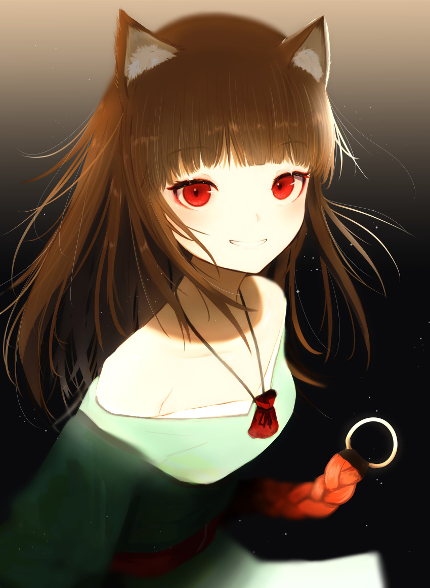 1girl :d absurdres animal_ear_fluff animal_ears arms_at_sides bangs blunt_bangs blush breasts brown_hair collarbone dress eyebrows_visible_through_hair gradient gradient_background green_dress highres holo long_hair long_sleeves looking_at_viewer open_mouth pouch red_eyes sash shiny shiny_hair smile solo spice_and_wolf standing tail teeth uniuni_nurunuru wolf_ears wolf_girl wolf_tail