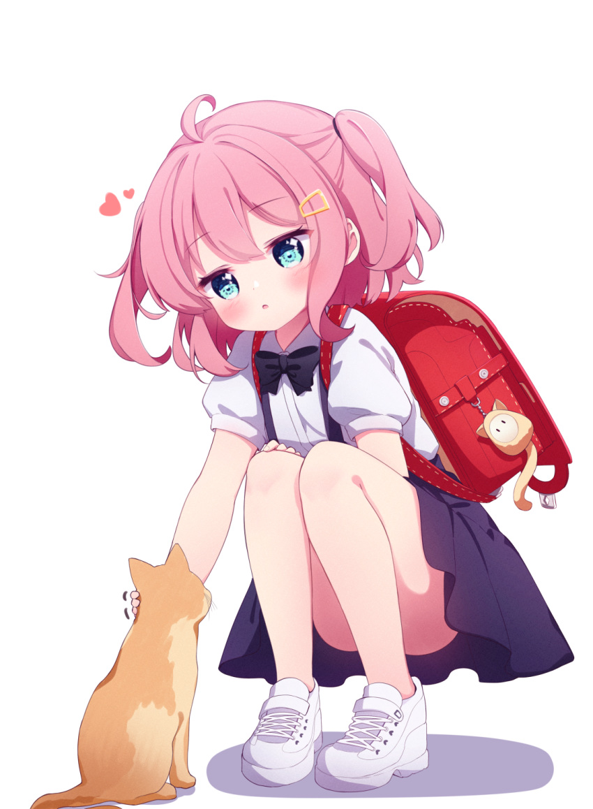 1girl :o ahoge animal backpack bag bag_charm bangs black_bow blue_eyes blue_skirt blush bow cat charm_(object) collared_shirt commentary dress_shirt eyebrows_visible_through_hair full_body hair_ornament hairclip heart highres no_socks original parted_lips petting pink_hair pleated_skirt randoseru setmen shadow shirt shoes simple_background skirt solo squatting two_side_up white_background white_footwear white_shirt