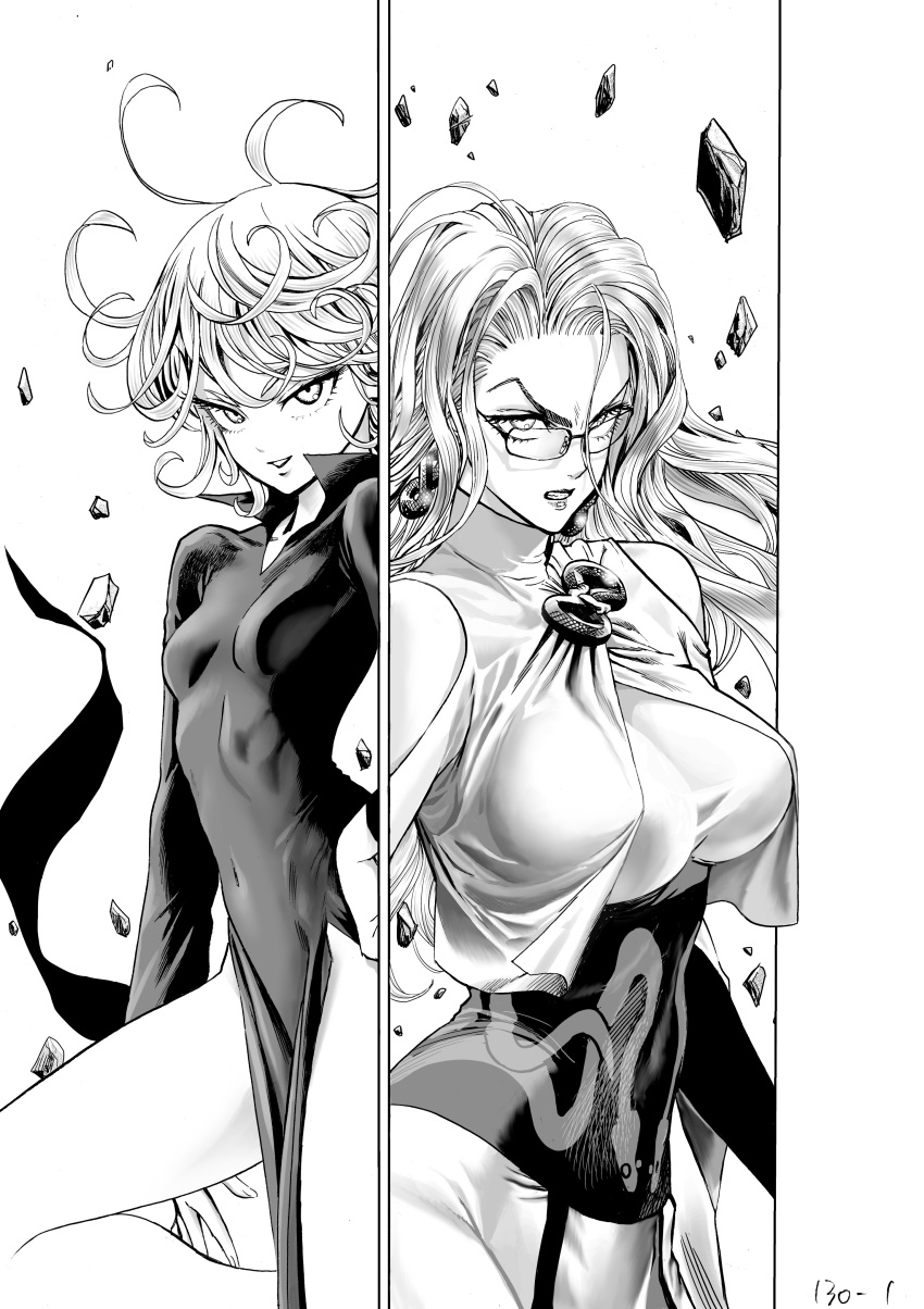 2girls absurdres angry black_dress breasts clenched_teeth commentary confrontation covered_navel dress glasses greyscale highres large_breasts long_hair monochrome multiple_girls murata_yuusuke official_art one-punch_man psychos rock short_hair small_breasts smirk snake_print tatsumaki teeth v-shaped_eyebrows