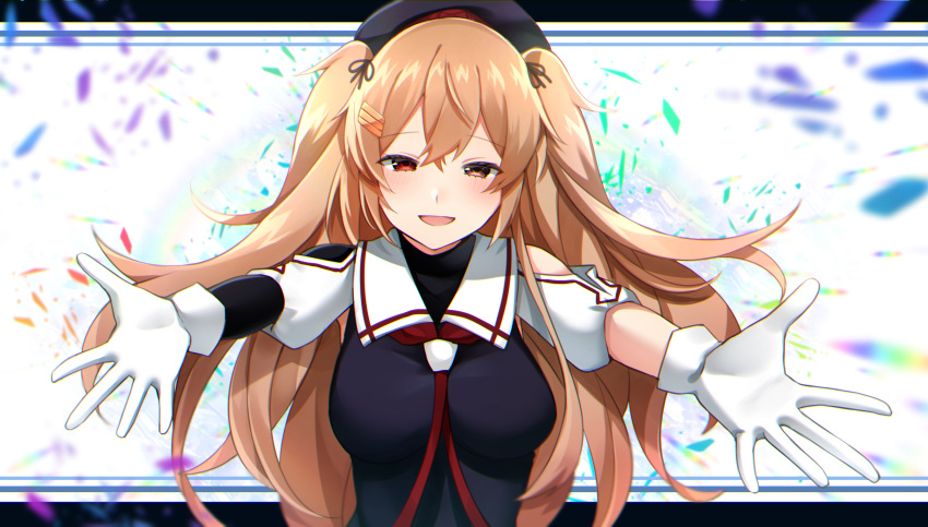 1girl asymmetrical_clothes black_serafuku brown_eyes commentary_request gloves hair_flaps heterochromia highres kantai_collection katsuobushi_(eba_games) light_brown_hair long_hair looking_at_viewer murasame_(kantai_collection) neckerchief outstretched_arms red_eyes red_neckwear remodel_(kantai_collection) sailor_collar school_uniform serafuku solo two_side_up white_gloves white_sailor_collar