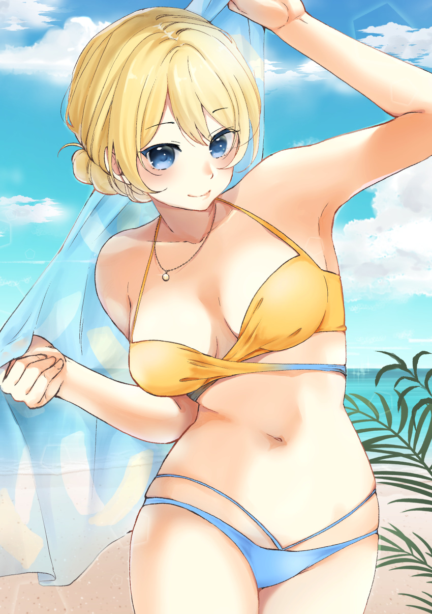 1girl absurdres arm_up bangs beach bikini blonde_hair blue_bikini blue_eyes blue_sky braid breasts closed_mouth clouds cloudy_sky commentary darjeeling_(girls_und_panzer) day eyebrows_visible_through_hair girls_und_panzer highres holding jewelry leaning_to_the_side looking_at_viewer medium_breasts mismatched_bikini multi-strapped_bikini navel necklace ocean orange_bikini outdoors palm_tree short_hair skindentation sky smile solo standing swimsuit tied_hair touma_(tsunamiharuru) tree