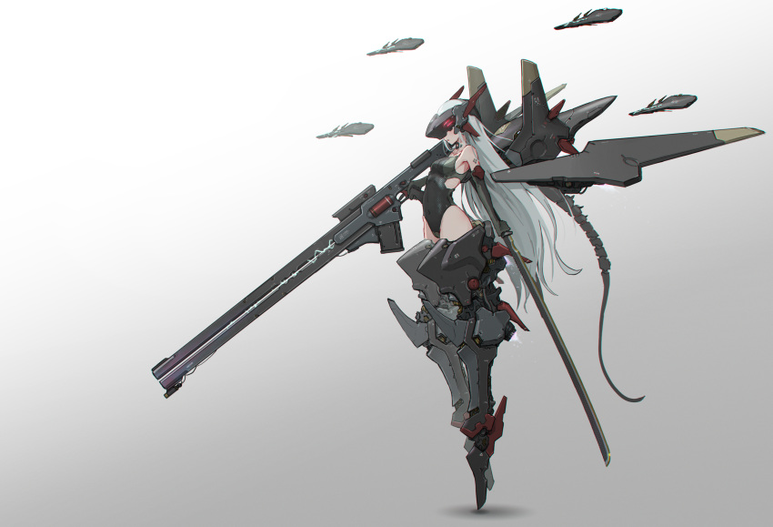 1girl bare_shoulders commentary drone elbow_gloves full_body gloves gradient gradient_background grey_background gun head_mounted_display headgear highres leotard light_blue_hair long_hair mecha_musume mechanical_legs mechanical_wings oota_youjo original plantar_flexion rifle solo sword very_long_hair weapon white_background wings
