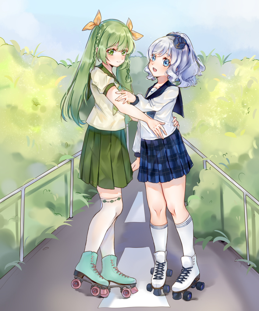 2girls blue_eyes blue_hair character_request green_eyes green_hair green_skirt hair_ribbon hand_on_another's_arm hand_on_another's_waist highres kneehighs looking_at_another multiple_girls okazakileo plaid plaid_skirt railing ribbon roller_skates school_uniform sigsbee_(warship_girls_r) skates skirt uniform warship_girls_r yuri