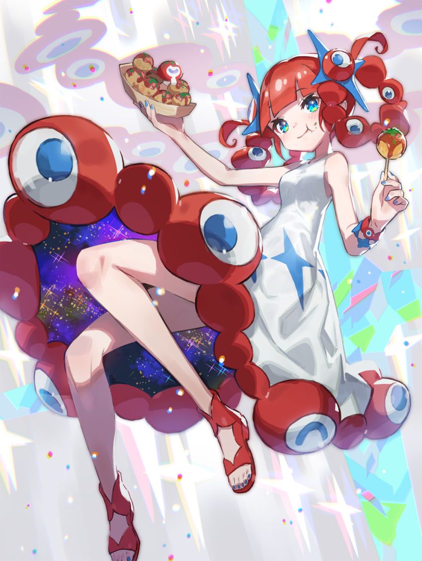 1girl arm_up bangs bare_shoulders blue_eyes blue_nails blush bracelet closed_mouth dress eating expo2025 extra_eyes eyebrows_visible_through_hair fingernails food food_on_face highres holding holding_food jewelry long_hair red_footwear redhead saitou_naoki smile solo sparkle takoyaki toenails white_dress