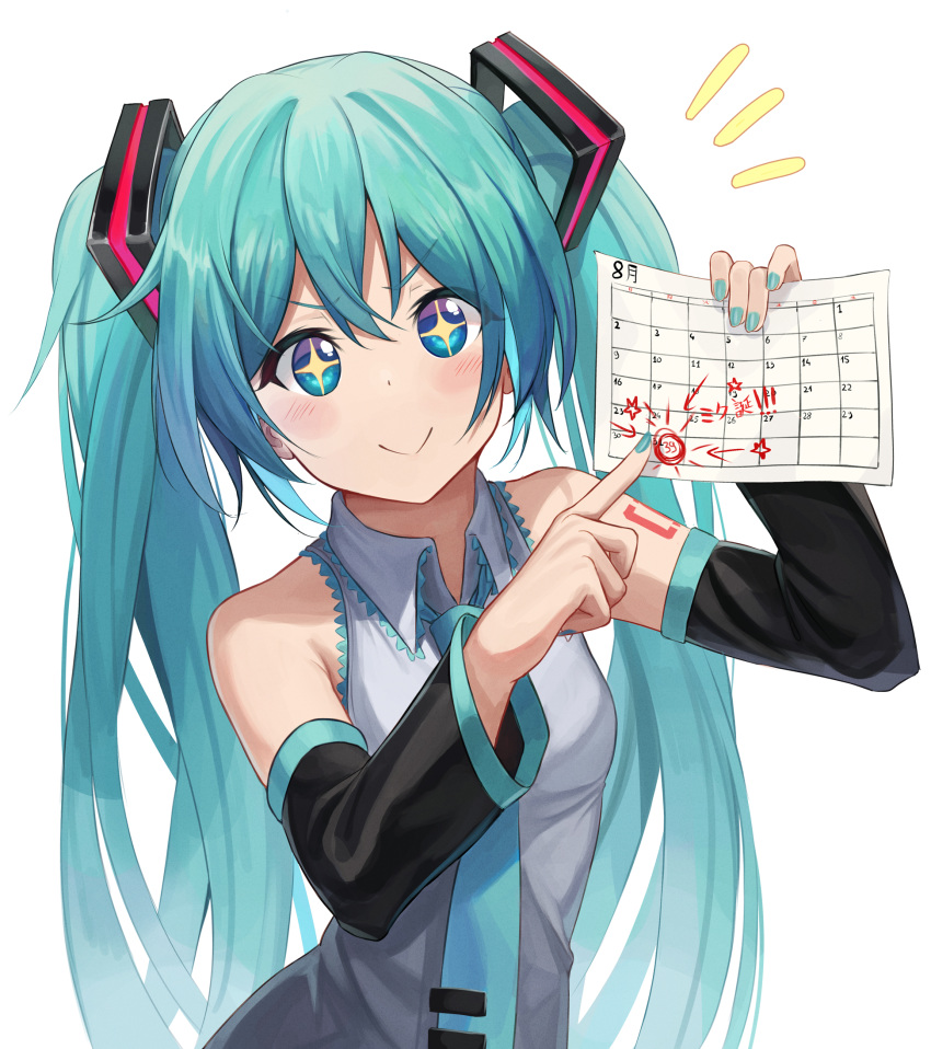 /\/\/\ 1girl 39 :&gt; bangs bare_shoulders bibboss39 blue_eyes blue_hair blue_nails blue_neckwear blush calendar_(object) closed_mouth collared_shirt commentary_request detached_sleeves eyebrows_visible_through_hair grey_shirt hatsune_miku highres holding long_hair long_sleeves nail_polish necktie number pointing shirt shoulder_cutout simple_background smug solo sparkling_eyes translation_request twintails upper_body v-shaped_eyebrows very_long_hair vocaloid white_background