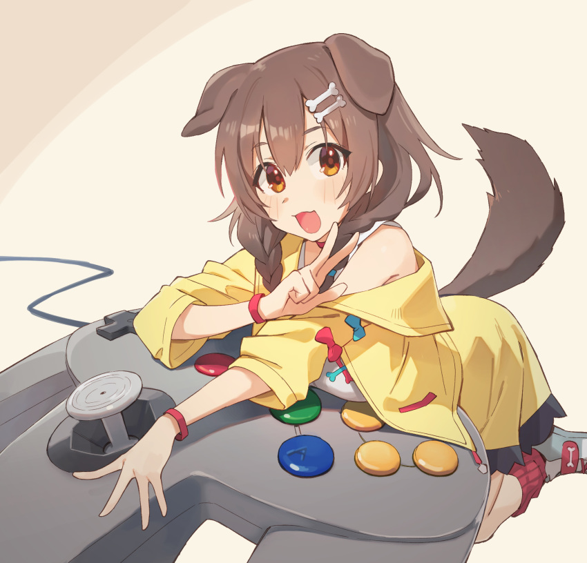 1girl :d animal_ears bangs bare_shoulders blush bone_hair_ornament braid breasts brown_background brown_eyes brown_hair cartoon_bone commentary controller dog_ears dog_girl dog_tail dress eyebrows_visible_through_hair game_controller grey_footwear hair_between_eyes hair_over_shoulder highres hololive inugami_korone jacket long_hair long_sleeves looking_at_viewer medium_breasts nintendo_64_controller off_shoulder open_clothes open_jacket open_mouth red_legwear ribbed_legwear shoes sleeveless sleeveless_dress smile socks solo tail tugo twin_braids virtual_youtuber w white_dress yellow_jacket