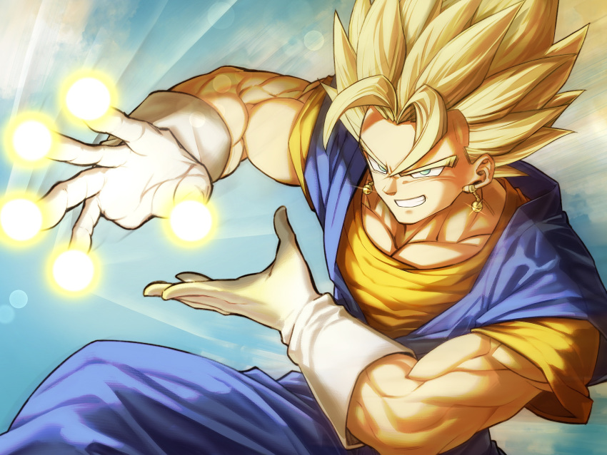 1boy blonde_hair blue_sky dragon_ball dragon_ball_z earrings energy fighting_stance gloves green_eyes grin highres incoming_attack jewelry looking_at_viewer male_focus mattari_illust muscle open_hands potara_earrings sky smile solo spiky_hair super_saiyan super_saiyan_1 vegetto white_gloves