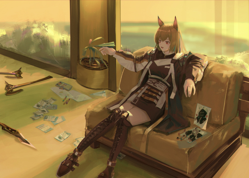 1girl 7ife absurdres animal_ears arknights axe black_dress black_footwear boots brown_hair ceobe_(arknights) commentary couch cross-laced_footwear doctor_(arknights) drawing dress highres holding huge_filesize knee_boots lace-up_boots long_hair long_sleeves paper_airplane red_eyes short_dress sitting solo thigh-highs weapon zettai_ryouiki