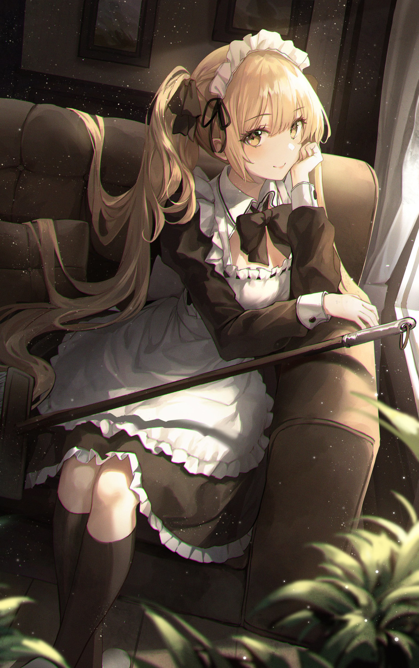 1girl absurdres black_neckwear blonde_hair cane couch dutch_angle eyebrows_visible_through_hair eyes_visible_through_hair hand_on_own_cheek hand_on_own_face highres kneehighs looking_at_viewer maid_dress maid_headdress original picture_frame plant twintails yellow_eyes yohaku