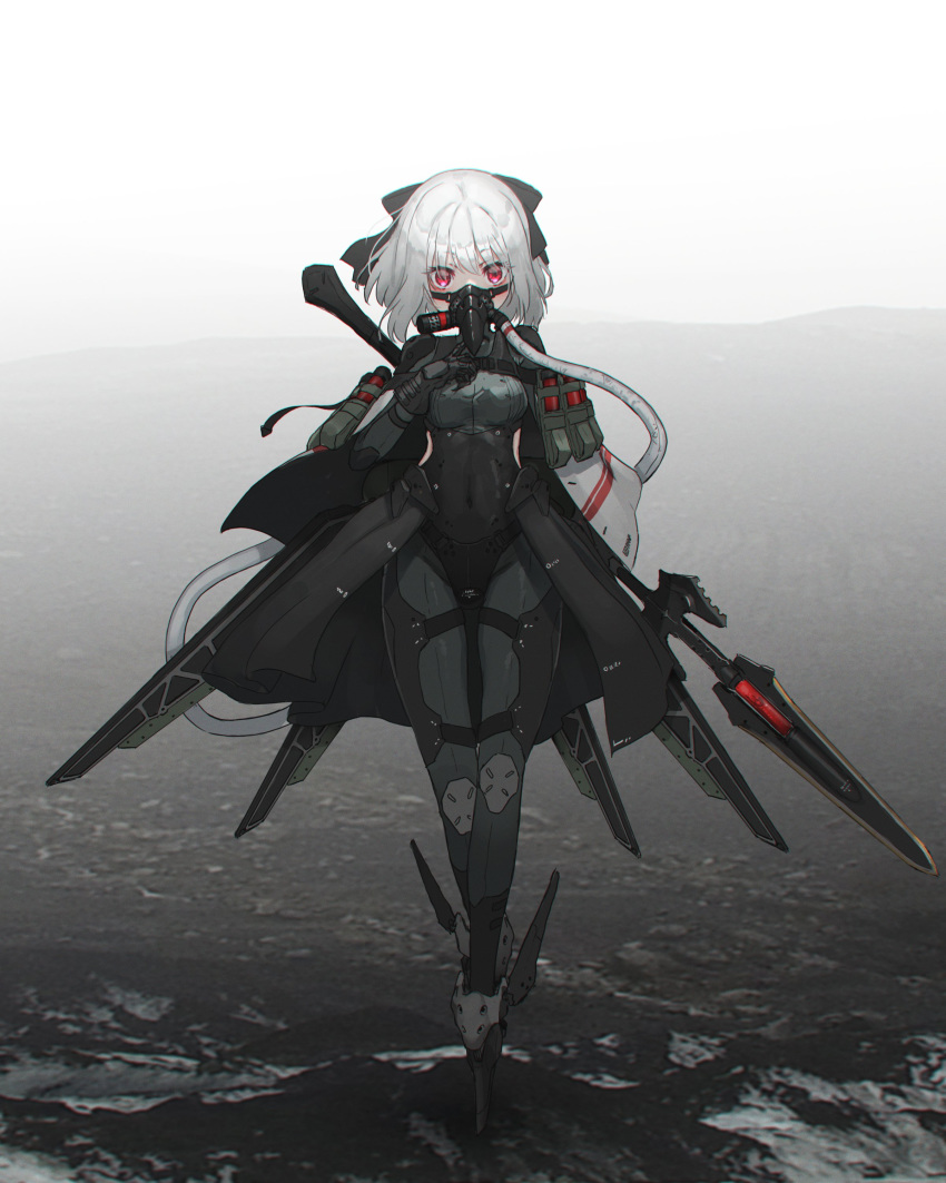 1girl absurdres bodysuit commentary covered_navel gas_mask highres holding holding_weapon oota_youjo original pink_eyes polearm science_fiction short_hair solo weapon white_hair