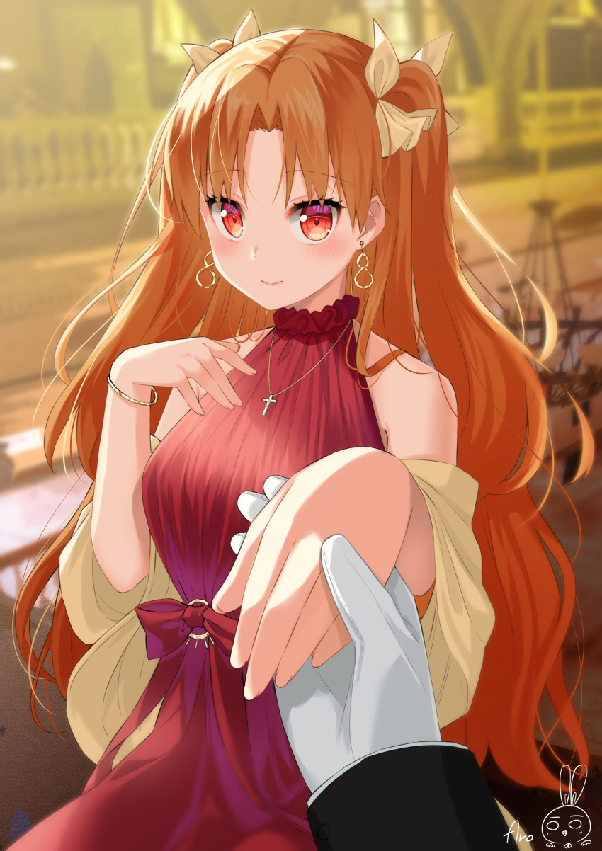 1girl absurdres aro_1801 bangs bare_shoulders blonde_hair blush breasts commentary_request earrings ereshkigal_(fate/grand_order) fate/grand_order fate_(series) gloves highres holding_hand jewelry long_hair looking_at_viewer parted_bangs pov pov_hands red_eyes smile solo_focus tiara two_side_up white_gloves