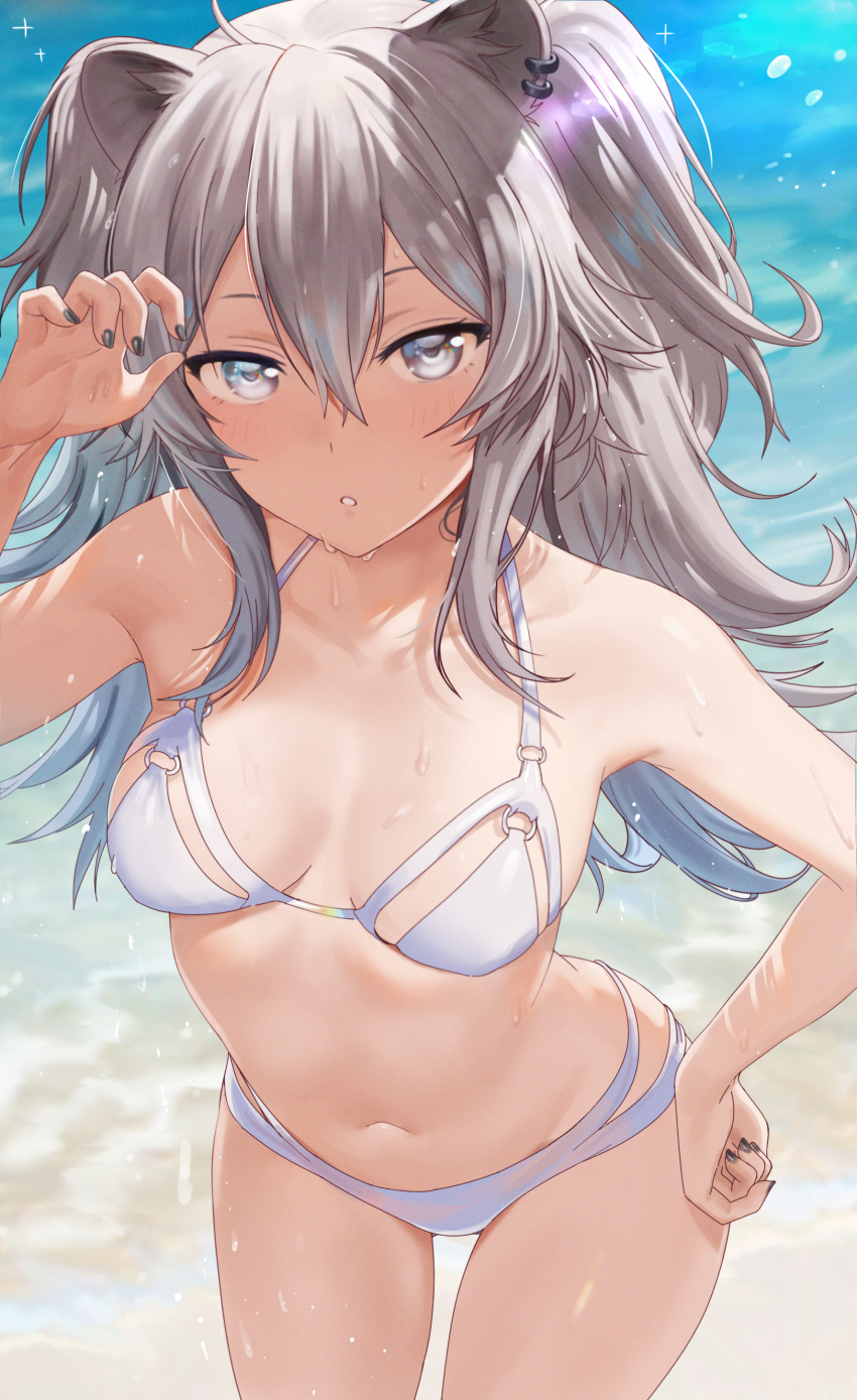 1girl absurdres animal_ears bare_arms bare_shoulders bikini black_nails breasts collarbone cowboy_shot day grey_eyes grey_hair hair_between_eyes halterneck hand_on_hip hand_up highres hololive lion_ears long_hair looking_at_viewer medium_breasts multi-strapped_bikini nail_polish navel outdoors parted_lips seicoh shishiro_botan solo stomach sunlight swimsuit thighs two_side_up virtual_youtuber white_bikini