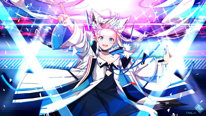 1girl ahoge animal_ear_fluff animal_ears artist_name black_choker black_dress blue_eyes breasts choker cno collarbone commentary_request dog_tags dress floating_hair fox_ears fox_girl fox_shadow_puppet fox_tail fur-trimmed_jacket fur_trim highres hololive jacket long_hair looking_at_viewer open_clothes open_jacket open_mouth outstretched_arms pentagram shirakami_fubuki shirt signature small_breasts solo tail twintails virtual_youtuber white_hair white_jacket white_shirt