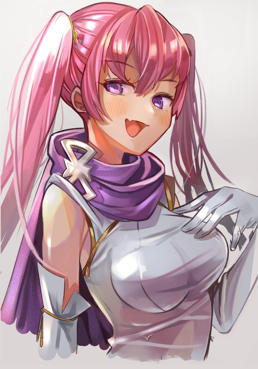 1girl fire_emblem fire_emblem:_the_blazing_blade gloves highres long_hair open_mouth pink_hair serra_(fire_emblem) simple_background solo tokuhoncil twintails upper_body violet_eyes white_gloves