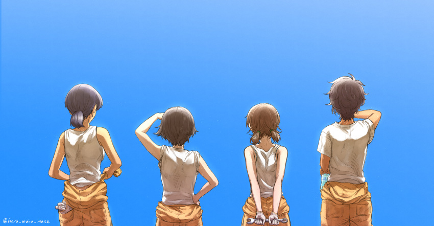 4girls absurdres adjusting_obi alternate_hairstyle arms_behind_back black_hair blue_sky bottle brown_hair clear_sky clothes_around_waist commentary dark_skin facing_away from_behind girls_und_panzer gloves hair_tie hand_on_hip highres holding holding_bottle holding_wrench hora_maru_mate hoshino_(girls_und_panzer) jumpsuit low_twintails mechanic multiple_girls nakajima_(girls_und_panzer) object_behind_back orange_jumpsuit shading_eyes shirt short_hair short_ponytail sky sleeves_rolled_up standing suzuki_(girls_und_panzer) sweat tank_top tsuchiya_(girls_und_panzer) twintails twitter_username uniform water_bottle white_gloves white_shirt wiping_sweat wrench