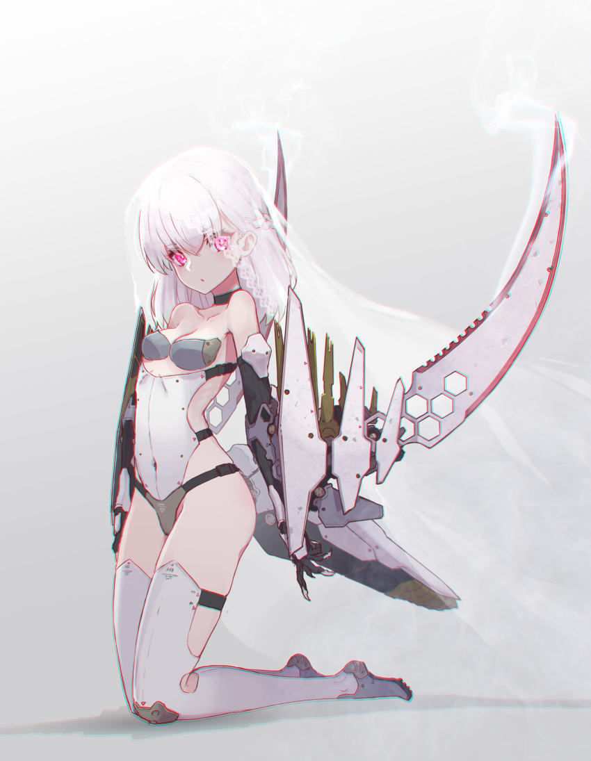 1girl absurdres blade breasts bridal_veil choker chromatic_aberration claws commentary_request covered_navel highres kneeling mecha_musume medium_hair oota_youjo original pink_eyes science_fiction simple_background small_breasts solo thigh-highs veil white_hair