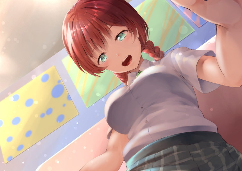 1girl :d aqua_eyes bangs braid breasts buttons collar collared_shirt couch emma_verde eyebrows_visible_through_hair from_below green_neckwear green_skirt hayaoki_(asagi-iro_seishun-bu) highres indoors large_breasts light_blush long_hair looking_at_viewer love_live! love_live!_school_idol_festival_all_stars nib_pen_(medium) open_mouth outstretched_hand picture_frame plaid plaid_skirt pleated_skirt redhead school_uniform shirt shirt_tucked_in short_sleeves sitting skirt smile solo traditional_media twin_braids uniform upper_teeth white_collar white_shirt