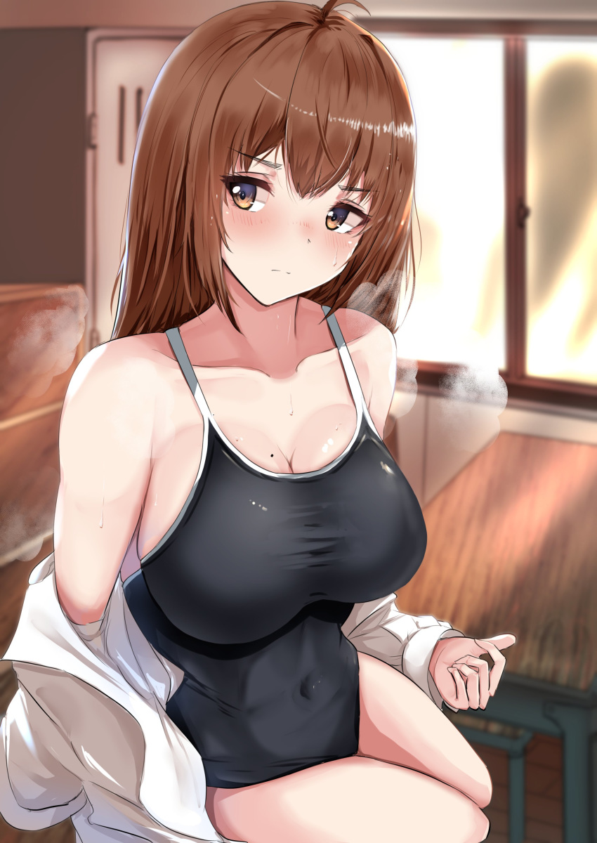 1girl absurdres black_swimsuit breasts brown_eyes brown_hair commentary_request competition_school_swimsuit cowboy_shot dress_shirt highres large_breasts long_hair looking_at_viewer original school_swimsuit shirt sitting solo swimsuit take_(trude1945oneetyan) undressing window