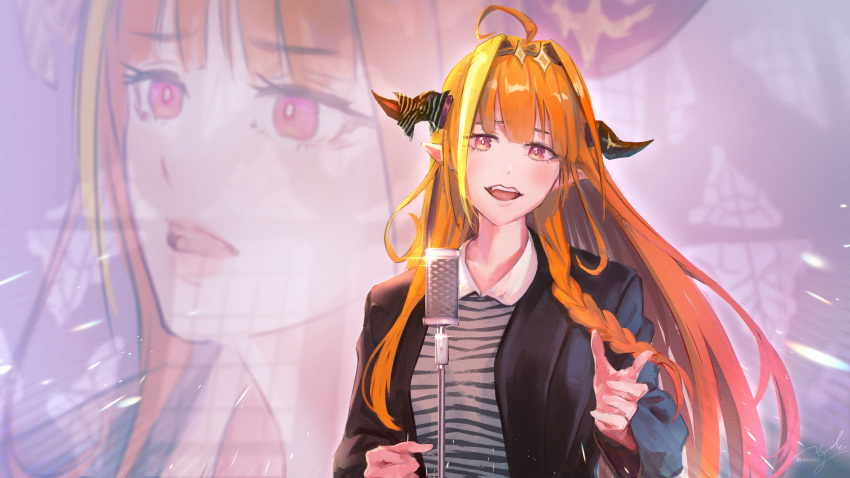 1girl ahoge bangs blonde_hair bow breasts dragon_horns eyebrows_visible_through_hair hairband highres hololive horn_bow horns jacket kiryuu_coco large_breasts long_hair looking_at_viewer microphone mr.holmes multicolored_hair multiple_views music open_mouth orange_hair pointy_ears red_eyes rick_astley shirt singing smile solo virtual_youtuber