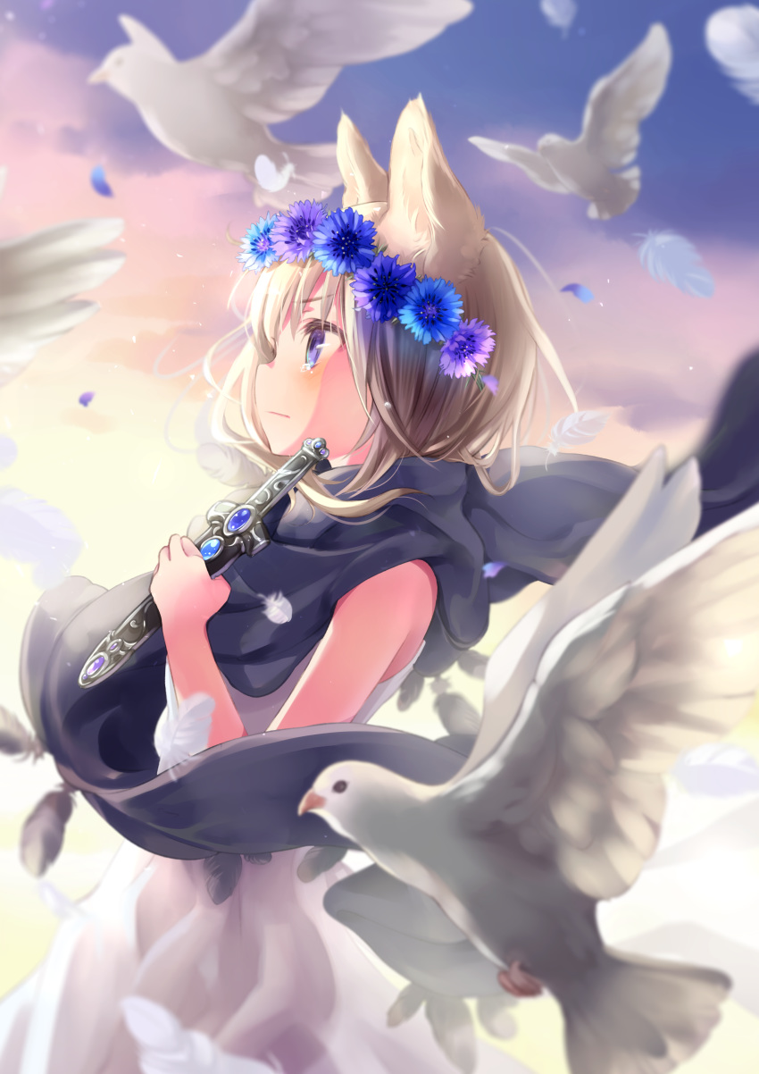 1girl absurdres animal animal_ear_fluff animal_ears bangs bare_arms bare_shoulders bird black_scarf blue_eyes blue_feathers blue_flower blush brown_hair closed_mouth commentary_request dagger dress eyebrows_visible_through_hair feathers flower flying hair_flower hair_ornament highres holding holding_dagger holding_weapon kuga_tsukasa looking_away original outdoors petals profile purple_flower scarf sleeveless sleeveless_dress solo sunset tears weapon white_dress