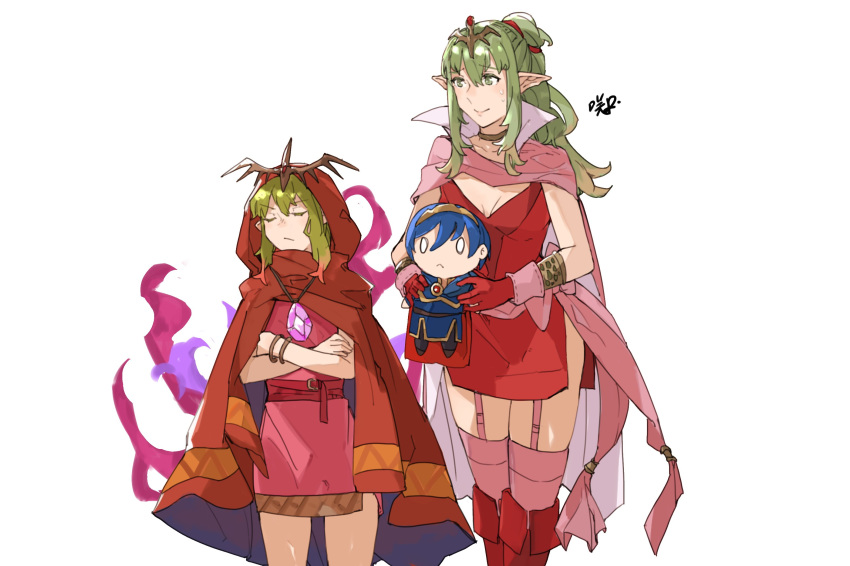 2girls aura bracelet cape character_doll closed_eyes closed_mouth crossed_arms dark_aura dress fire_emblem fire_emblem:_mystery_of_the_emblem fire_emblem_awakening fire_emblem_heroes gloves green_eyes green_hair highres holding hood hood_up jewelry long_hair marth_(fire_emblem) multiple_girls pink_dress pointy_ears ponytail red_dress red_gloves sakuremi short_dress simple_background smile tiara tiki_(fire_emblem) white_background