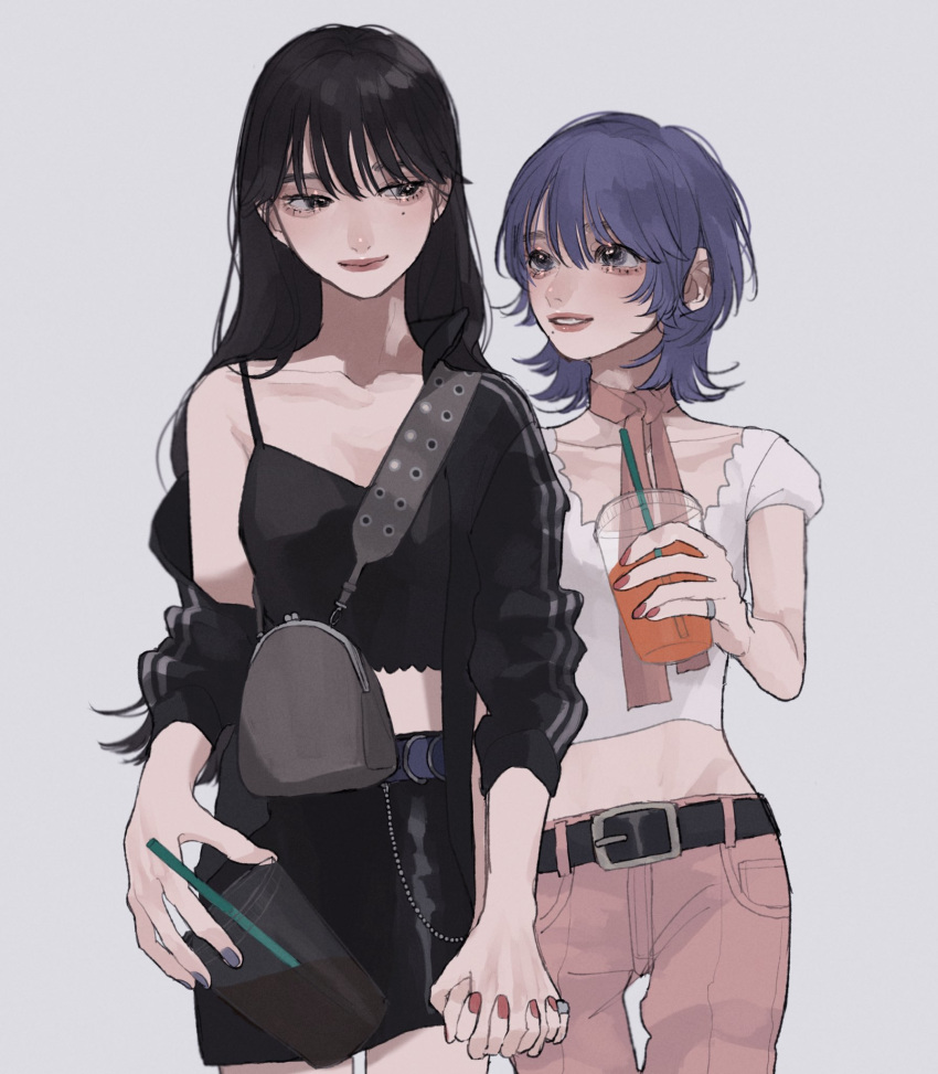 2girls adidas bangs black_eyes black_hair blue_hair drink highres holding holding_drink holding_hands jacket long_hair looking_at_another looking_down looking_up mole mole_under_eye mole_under_mouth multiple_girls off-shoulder_jacket original short_hair tami_moon track_jacket yuri