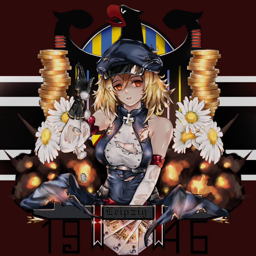1girl bare_shoulders bird black_gloves blonde_hair blue_headwear breasts coin detached_sleeves eagle explosion flower gloves hair_between_eyes iron_cross large_breasts leipzig_(warship_girls_r) medium_hair red_eyes solo torn_clothes torn_sleeves uybh warship_girls_r white_flower