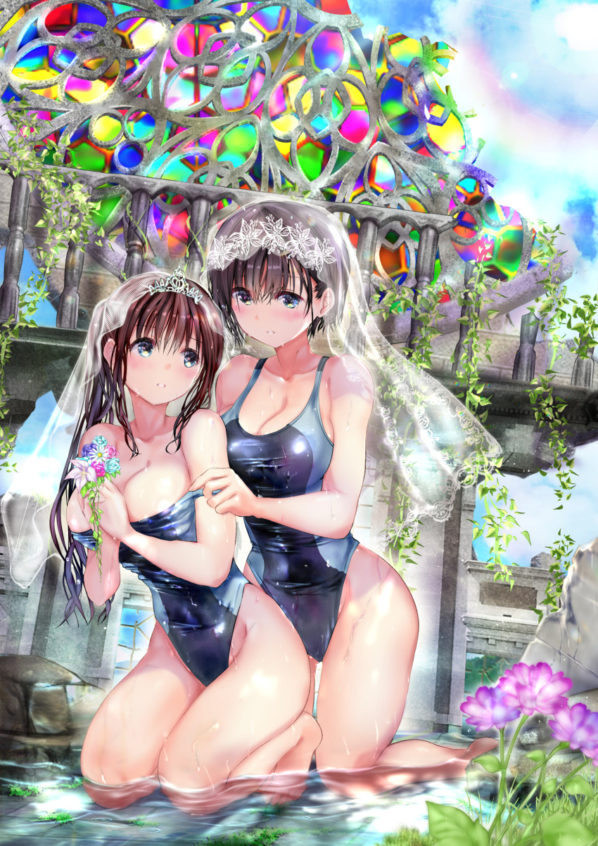 2girls absurdres black_hair blue_eyes blue_sky breasts bridal_veil brown_hair clouds commentary_request competition_swimsuit day eye_contact flower full_body highleg highleg_swimsuit highres kneeling large_breasts long_hair looking_at_another multiple_girls ogata_tei one-piece_swimsuit original outdoors plant ruins shallow_water short_hair sky stained_glass strap_slip swimsuit twintails veil vines water yuri