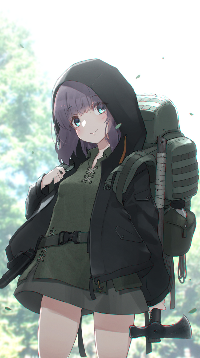 1girl absurdres backpack bag blue_eyes canteen commentary day eyebrows_visible_through_hair hatchet highres holding_hatchet hood jacket looking_at_viewer oota_youjo original outdoors purple_hair solo