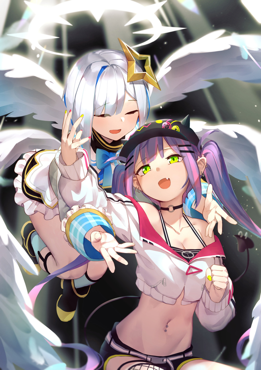 2girls :d amane_kanata angel angel_wings arm_up baseball_cap belt bibi_(towa_channel) black_choker black_footwear black_headwear black_shorts boots choker closed_eyes crop_top cropped_jacket dress earrings fang feathered_wings hair_ornament hairclip halo hat highres hololive jacket jewelry long_sleeves looking_up midriff mr.lime multicolored_hair multiple_girls nail_polish navel navel_piercing off_shoulder open_mouth piercing short_shorts shorts smile stomach streaked_hair tokoyami_towa twintails undershirt virtual_youtuber white_dress white_jacket wings