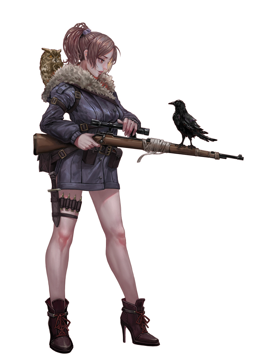 1girl absurdres animal animal_on_shoulder belt_pouch bird bird_on_shoulder blue_coat bolt_action boots brown_eyes brown_footwear brown_hair bullet check_weapon coat crow eye_contact full_body fur_trim gun hair_bobbles hair_ornament high_heel_boots high_heels highres holding holding_gun holding_weapon holster knife long_sleeves looking_at_another mauser_98 medium_hair original owl parted_lips ponytail pouch profile rifle scope sheath sheathed short_hair simple_background sniper_rifle solo standing thigh_strap weapon weapon_request white_background xue_qi_ye_(dndtmbdue)