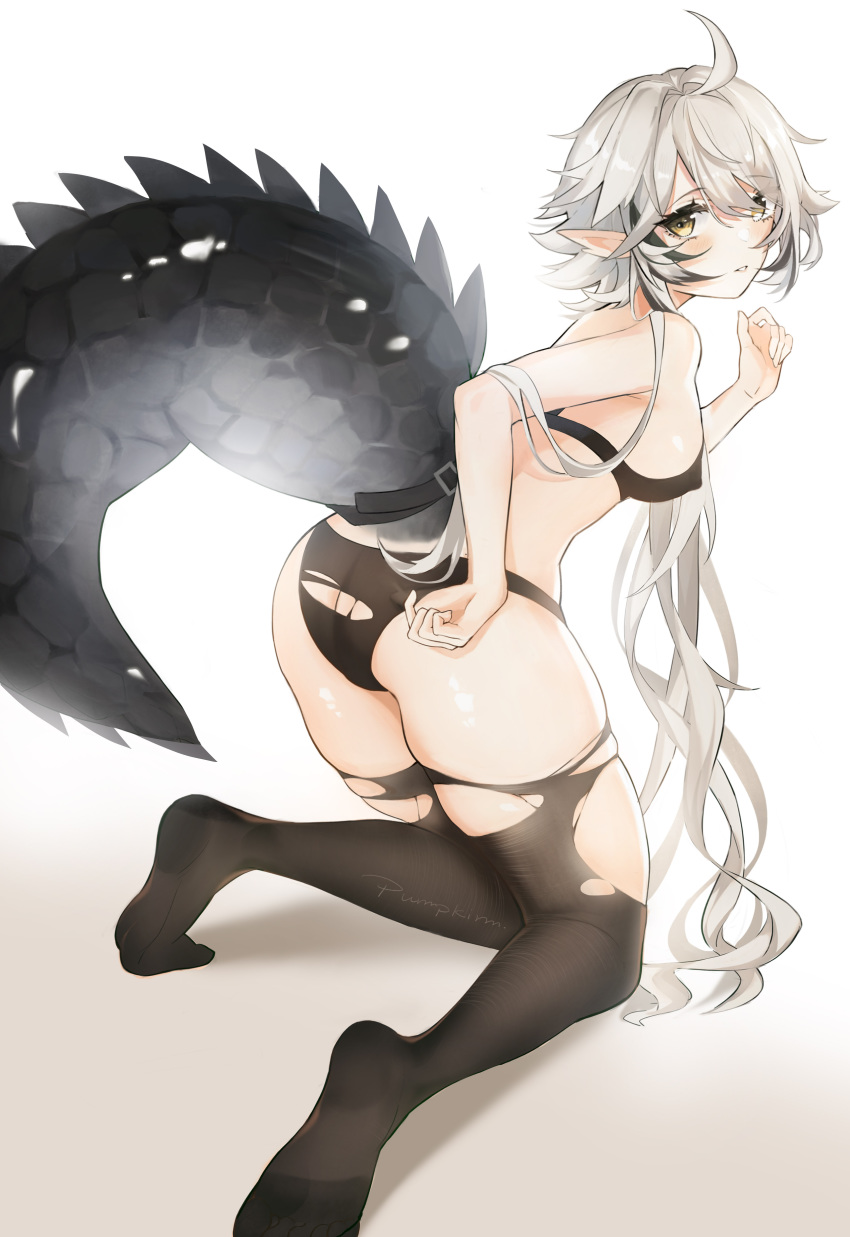 1girl absurdres ahoge arknights ass bangs bare_arms bare_shoulders black_legwear black_panties breasts commentary crocodilian_tail eyebrows_visible_through_hair gradient gradient_background grey_background grey_eyes hair_between_eyes hand_up highres kneeling large_tail long_hair looking_at_viewer no_shoes panties parted_lips pointy_ears pumpkinnn shadow silver_hair small_breasts solo tail thigh-highs tomimi_(arknights) torn_clothes torn_legwear torn_panties underwear very_long_hair white_background