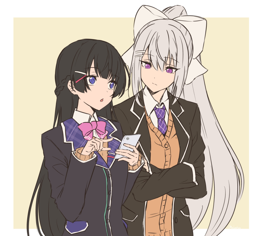 2girls black_hair black_jacket blazer blue_eyes bow bowtie braid breasts brown_vest cellphone closed_mouth collared_shirt commentary crossed_arms expressionless eyebrows_visible_through_hair french_braid hair_between_eyes hair_bow hair_ornament hairclip highres higuchi_kaede holding holding_phone jacket long_hair long_sleeves looking_at_another medium_breasts multiple_girls necktie nijisanji open_mouth phone pink_neckwear ponytail purple_neckwear school_uniform shirt silver_hair simple_background smartphone straight_hair talunilu_uu3 tsukino_mito uniform upper_body vest violet_eyes virtual_youtuber white_shirt wing_collar yellow_background