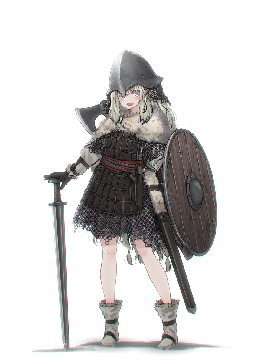 1girl :d absurdres axe battle_axe boots capelet chainmail commentary full_body fur_capelet gloves hauberk helmet highres knife lamellar_armor light_blue_eyes long_hair medieval oota_youjo open_mouth original platinum_blonde_hair scabbard sheath sheathed shield short_sword smile solo sword upper_teeth very_long_hair viking weapon weapon_on_back white_background wooden_shield