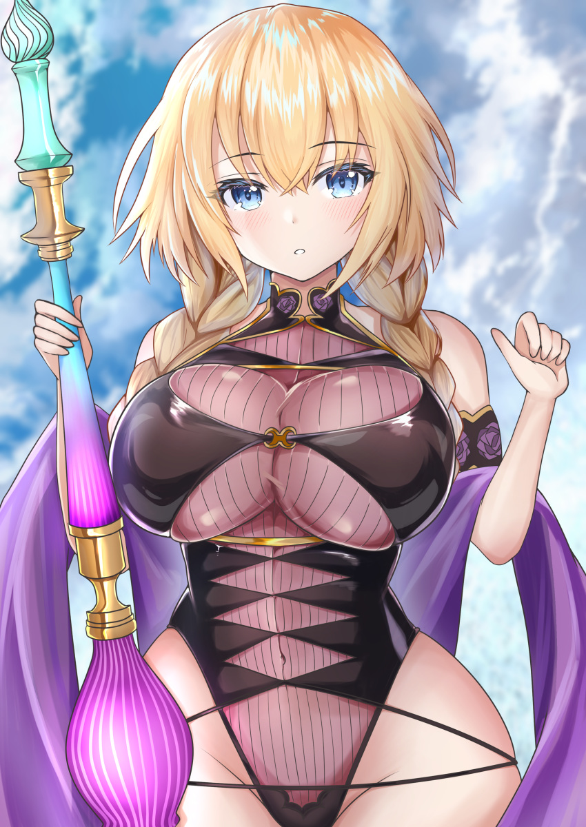 1girl absurdres bare_shoulders blonde_hair blue_eyes blush braid breasts cosplay covered_navel eyebrows_visible_through_hair fate/grand_order fate_(series) highres jeanne_d'arc_(fate) jeanne_d'arc_(fate)_(all) large_breasts looking_at_viewer murasaki_shikibu_(fate) murasaki_shikibu_(fate)_(cosplay) murasaki_shikibu_(swimsuit_rider)_(fate) nuts_(hazel-nuts) parted_lips solo swimsuit twin_braids upper_body