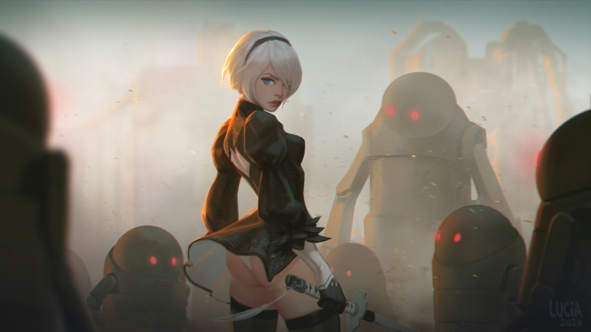 1girl ass back_cutout black_dress black_gloves black_hairband black_legwear blue_eyes breasts dress feather-trimmed_sleeves furrowed_eyebrows gloves hair_over_one_eye hairband highres holding holding_sword holding_weapon juliet_sleeves katana lips long_sleeves lucia_hsiang machine_(nier) medium_breasts nier_(series) nier_automata no_blindfold nose panties pantyshot perky_breasts puffy_sleeves red_eyes robot short_dress short_hair side_slit silver_hair solo_focus surrounded sword thigh-highs underwear vambraces virtuous_contract weapon wind wind_lift yorha_no._2_type_b