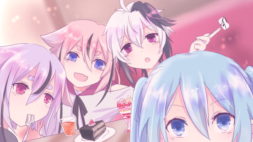 2girls 2others blue_eyes blue_hair cake collar drink food fork fork_in_mouth gynoid_talk hatsune_miku highres holding holding_fork kisalaundry long_hair looking_at_viewer meika_hime meika_mikoto multicolored_hair multiple_girls multiple_others parfait pink_eyes pink_hair purple_hair red_collar sailor_collar shirt short_hair sitting streaked_hair twintails upper_body v_flower_(gynoid_talk) violet_eyes vocaloid white_hair white_shirt