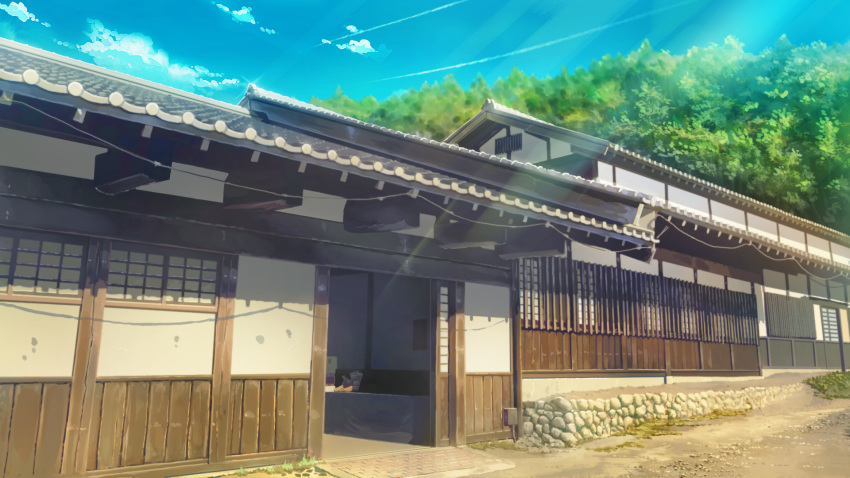 architecture building clouds commentary condensation_trail day east_asian_architecture highres kamo_nasus. no_humans original outdoors rural scenery shrine summer tree