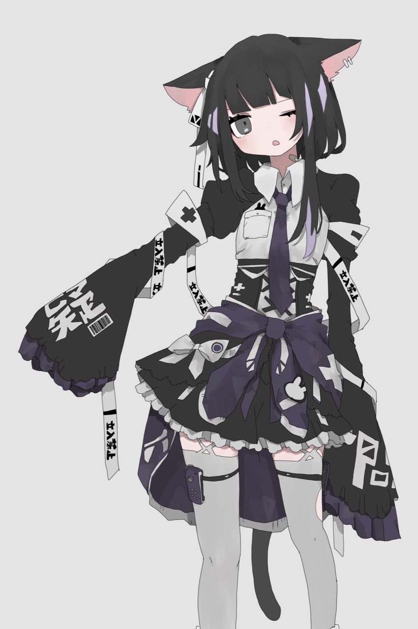 1girl animal_ears bandages bangs barcode black_dress black_hair blunt_bangs cat_ears cat_tail clothes_around_waist commentary_request dress eyelashes feet_out_of_frame grey_background grey_legwear highres long_sleeves looking_at_viewer multicolored_hair necktie nknk022 one_eye_closed open_mouth original outstretched_arm purple_hair purple_neckwear ribbon ribbon_hair simple_background sleeves_past_wrists solo standing streaked_hair tail thigh-highs white_ribbon wing_collar