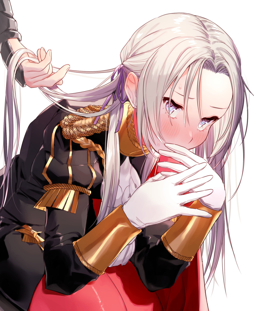 1girl aiguillette black_skirt blue_eyes blush breasts cape covered_mouth edelgard_von_hresvelg embarrassed fire_emblem fire_emblem:_three_houses fringe_trim garreg_mach_monastery_uniform gloves hair_ribbon highres holding_another's_hair hunched_over juliet_sleeves large_breasts leaning_forward long_hair long_sleeves looking_at_viewer masanaga_(tsukasa) one_side_up out_of_frame pantyhose pencil_skirt puffy_sleeves purple_ribbon red_cape red_legwear ribbon simple_background skirt sleeve_cuffs solo_focus sweat vambraces violet_eyes white_background white_gloves white_hair
