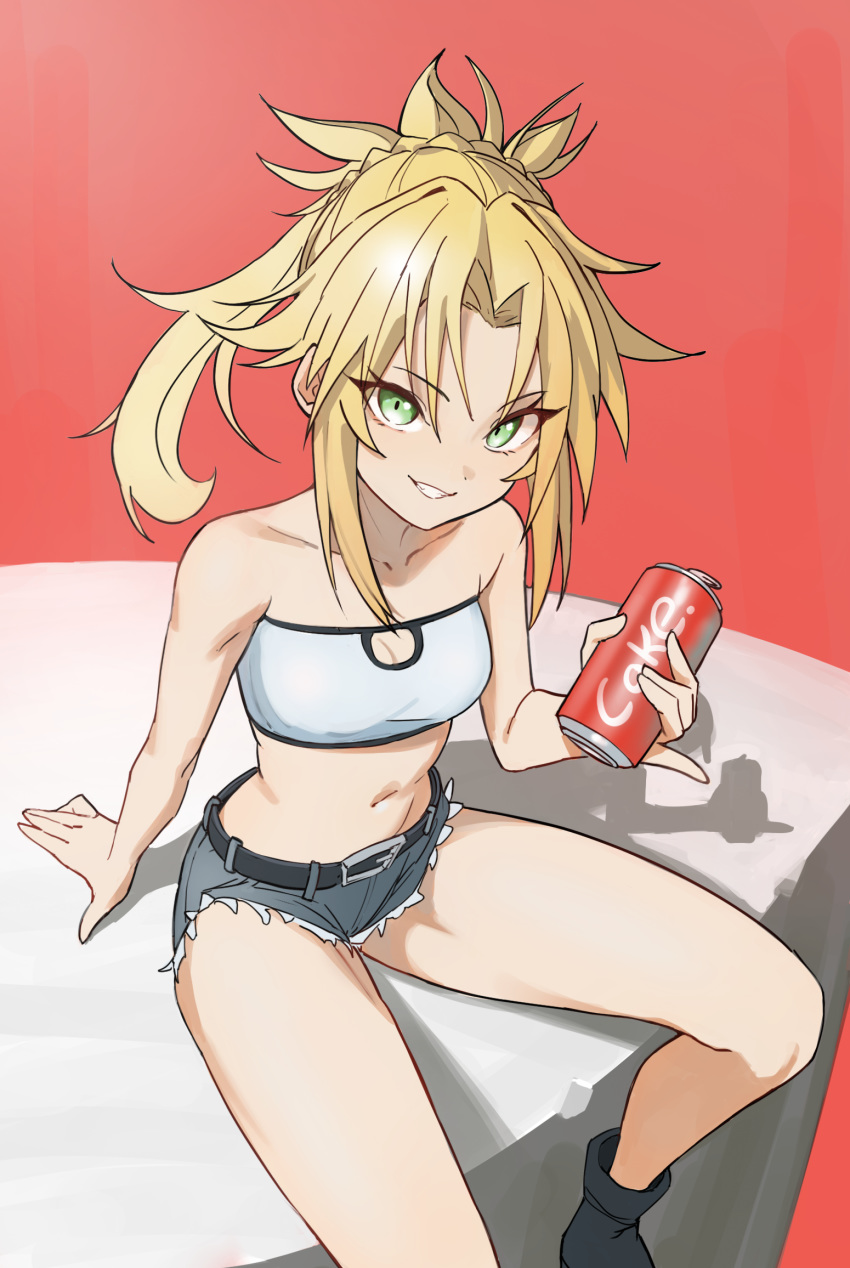 1girl bandeau bangs belt black_footwear blue_shorts blush boots braid breasts can collarbone denim denim_shorts fate/apocrypha fate_(series) french_braid green_eyes grin highres kiritzuguart long_hair looking_at_viewer mordred_(fate) mordred_(fate)_(all) navel parted_bangs pinky_out ponytail red_background scrunchie short_shorts shorts sidelocks sitting small_breasts smile soda_can thighs