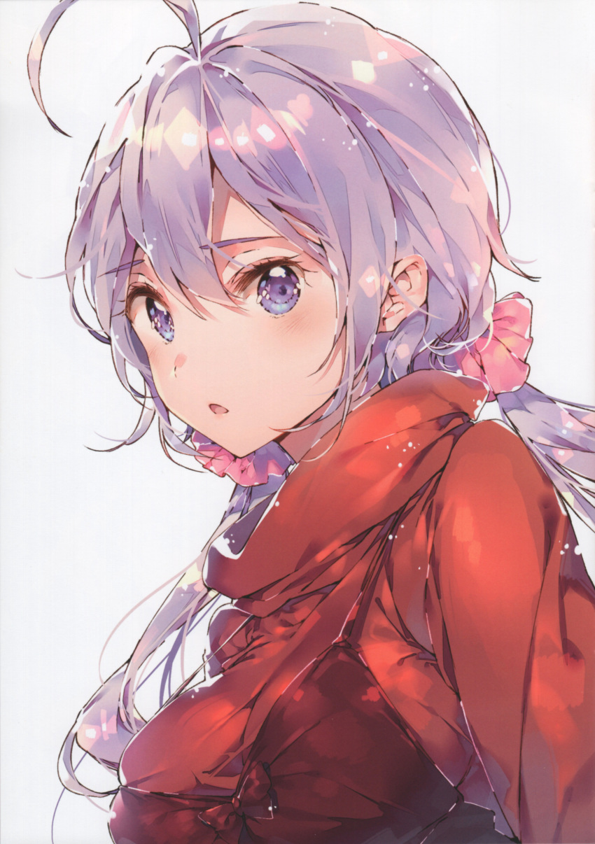 1girl absurdres ahoge breasts dsmile highres lavender_hair low_twintails medium_breasts open_mouth red_shirt scan scrunchie senki_zesshou_symphogear shirt simple_background solo turtleneck twintails violet_eyes white_background yukine_chris