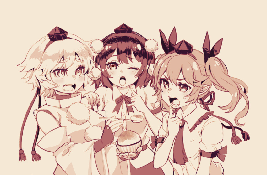 3girls beige_background black_hair blush detached_sleeves feeding fingerless_gloves gloves hand_on_another's_shoulder hand_up hat highres himekaidou_hatate holding holding_spoon inubashiri_momiji long_sleeves looking_at_another monochrome multiple_girls natsushiro necktie one_eye_closed open_mouth pinky_out pointing pointing_at_self pointy_ears pom_pom_(clothes) shameimaru_aya shaved_ice shirt short_hair short_sleeves simple_background spoon sweatdrop tokin_hat touhou twintails upper_body white_hair white_shirt