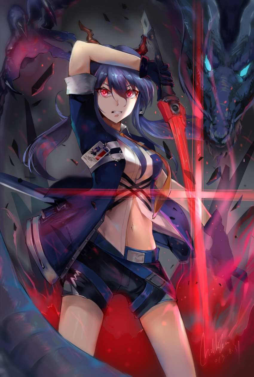 1girl absurdres arknights arm_up asymmetrical_gloves bangs black_gloves black_shorts blue_hair breasts ch'en_(arknights) clenched_teeth dress_shirt dual_wielding eyebrows_visible_through_hair floating_hair gloves hair_between_eyes highres holding holding_sword holding_weapon long_hair looking_at_viewer low_twintails medium_breasts midriff milk_tea_(pixiv41571804) navel red_eyes shiny shiny_hair shirt short_shorts shorts solo standing stomach sword teeth twintails weapon white_shirt