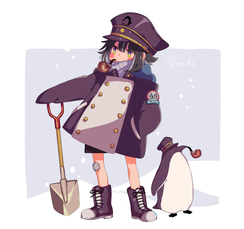 1girl artist_name bandaid bandaid_on_knee bird black_jacket blush boots cross-laced_footwear full_body grey_footwear grey_hair hand_in_pocket hat highres jacket lace-up_boots looking_to_the_side medium_hair mouth_hold original peaked_cap penguin pipe scarf shovel sorata123 standing two-tone_background yellow_eyes