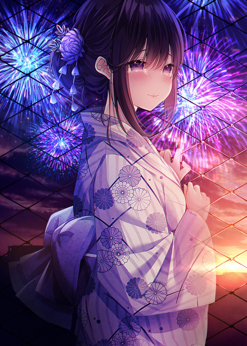 1girl absurdres blush bow chain-link_fence closed_mouth clouds cloudy_sky commentary_request cowboy_shot crying crying_with_eyes_open eyebrows_visible_through_hair eyelashes fence fireworks floral_print flower ghost hair_between_eyes hair_bun hair_flower hair_ornament half-closed_eyes highres huge_filesize japanese_clothes kimono kuro_namako obi original outdoors print_kimono purple_bow purple_flower purple_kimono sash see-through sidelocks sky smile solo striped striped_kimono tearing_up tears twilight violet_eyes wide_sleeves yukata