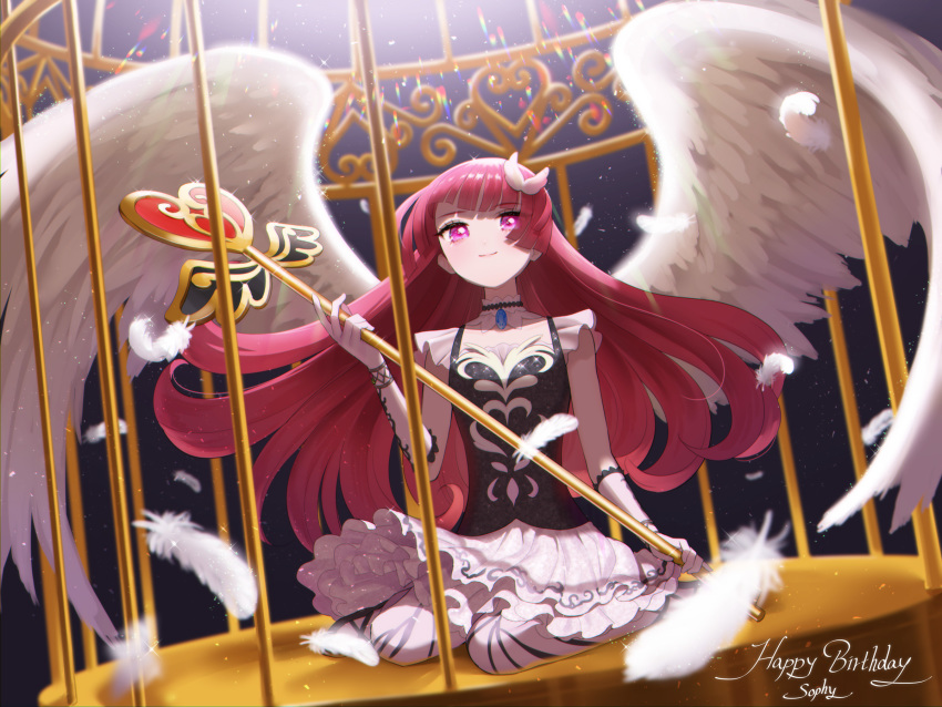 1girl angel_wings birdcage blush cage character_name choker commentary_request dress feathers floating_hair happy_birthday highres hime_cut holding holding_key houjou_sophie key light light_particles long_hair makeup o4ritarou pink_eyes pink_hair pretty_(series) pripara shoes sitting sleeveless sleeveless_dress smile solo sparkle spread_wings thigh-highs wariza wing_hair_ornament wings wrist_cuffs