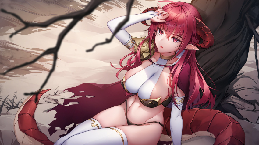 breasts bridal_gauntlets cloak copyright_request highres horns navel open_mouth pointy_ears red_eyes redhead sigma_2018 tail thigh-highs tree